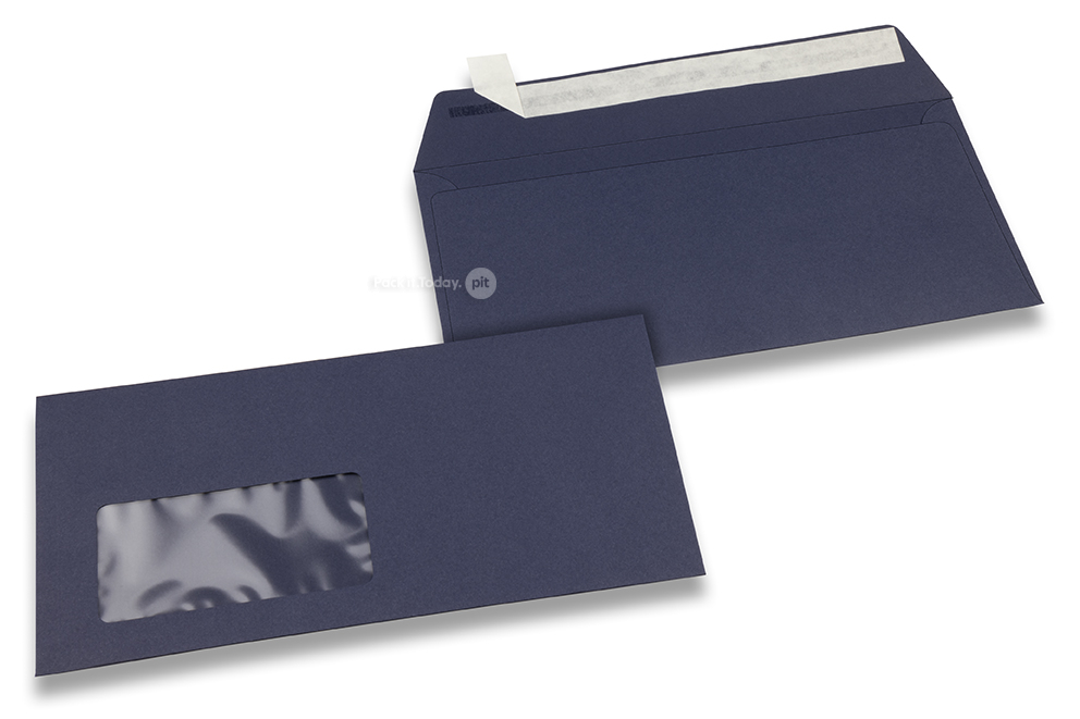 Mørkeblå rudekuverter, 110 x 220 mm (DL), rude til venstre, rudeformat 45 x 90 mm, rudeplacering 20 mm fra venstre/15 mm fra bunden, selvklæbende med dækstrimmel, 120 g farvet papir