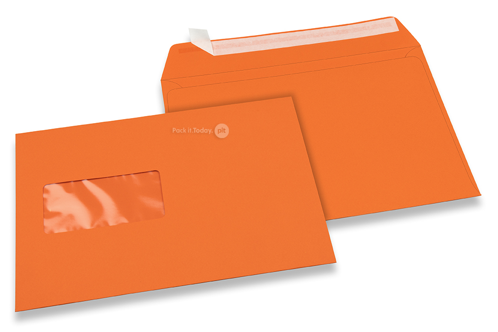 Orange rudekuverter, 162 x 229 mm (A5), rude til venstre, rudeformat 45 x 90 mm, rudeplacering 20 mm fra venstre/60 mm fra bunden, selvklæbende med dækstrimmel, 120 g farvet papir