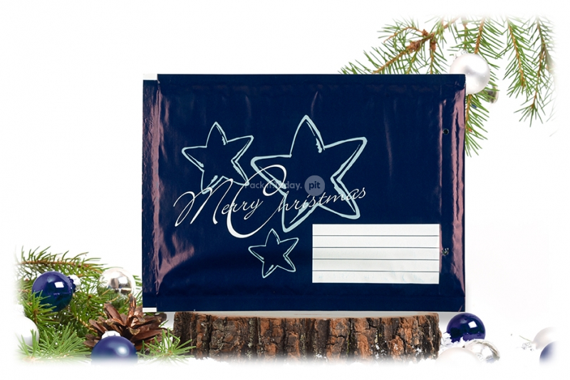 Boblekuvert i julepapir - blå + stjerner