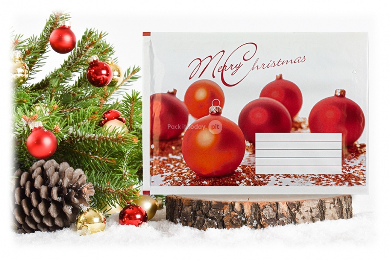 Boblekuvert i julepapir - hvid + julekugler