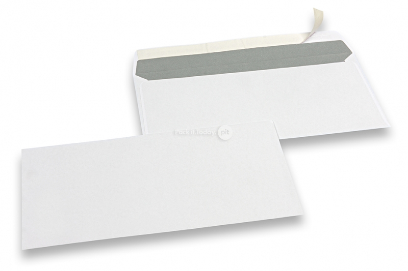 Hvide kuverter af papir, 110 x 220 mm (DL), 80 g, selvklæbende med dækstrimmel, vægt ca. 4 g pr. stk. 