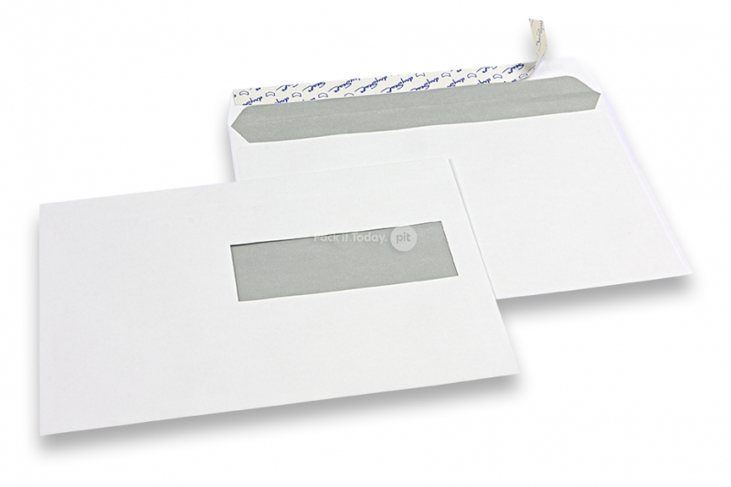 Rudekuverter, hvid, 156 x 220 mm (EA5), rude til højre 40 x 110 mm, rude positioneret 15 mm fra højre og 66 mm fra bunden, 90 g, selvklæbende med dækstrimmel, vægt ca. 5 g pr. stk.
