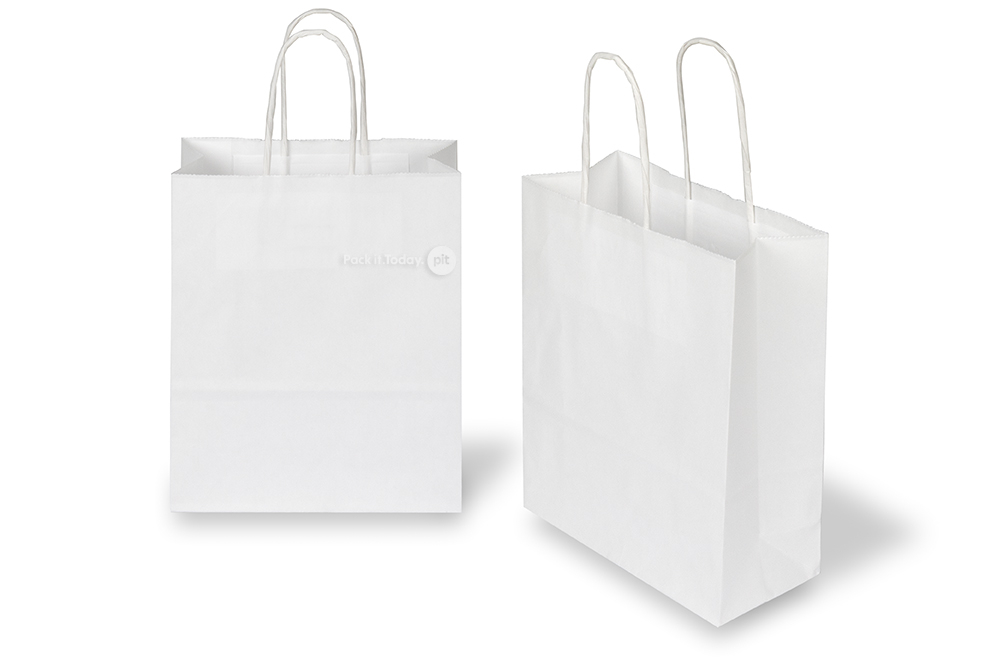 Papirsposer med hank snoet - hvid, 180 x 80 x 220 mm, 90 g