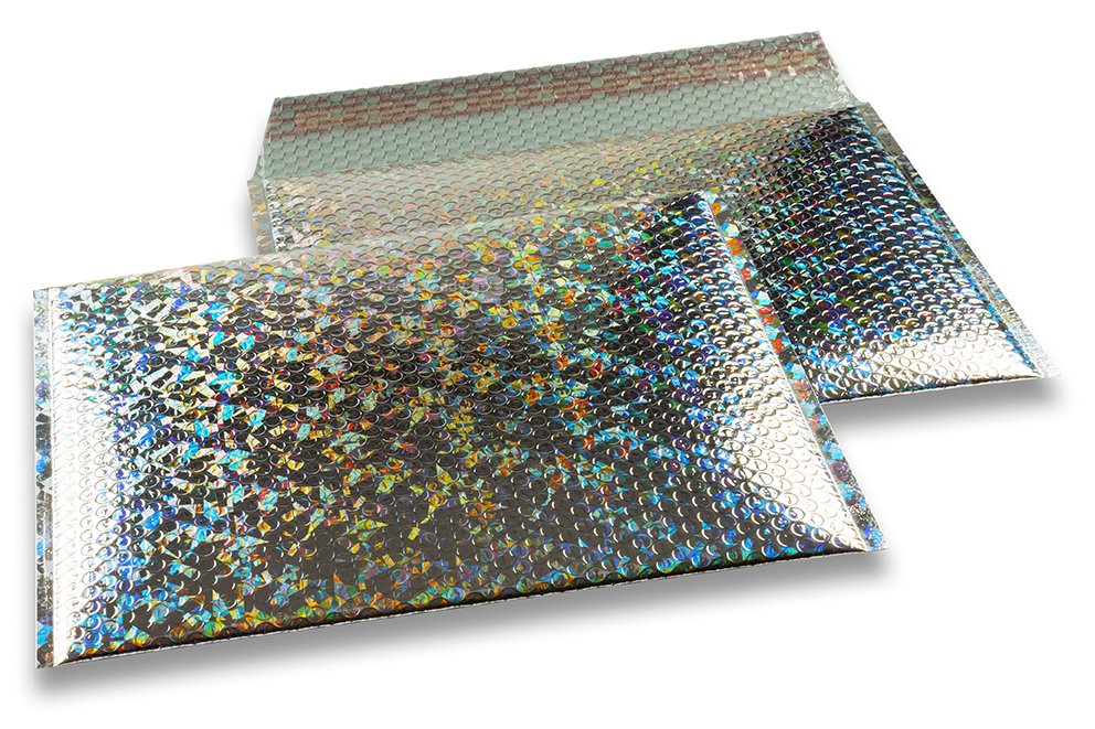 ECO boblekuvert af metallisk plast - sølv holografisk 235 x 325 mm