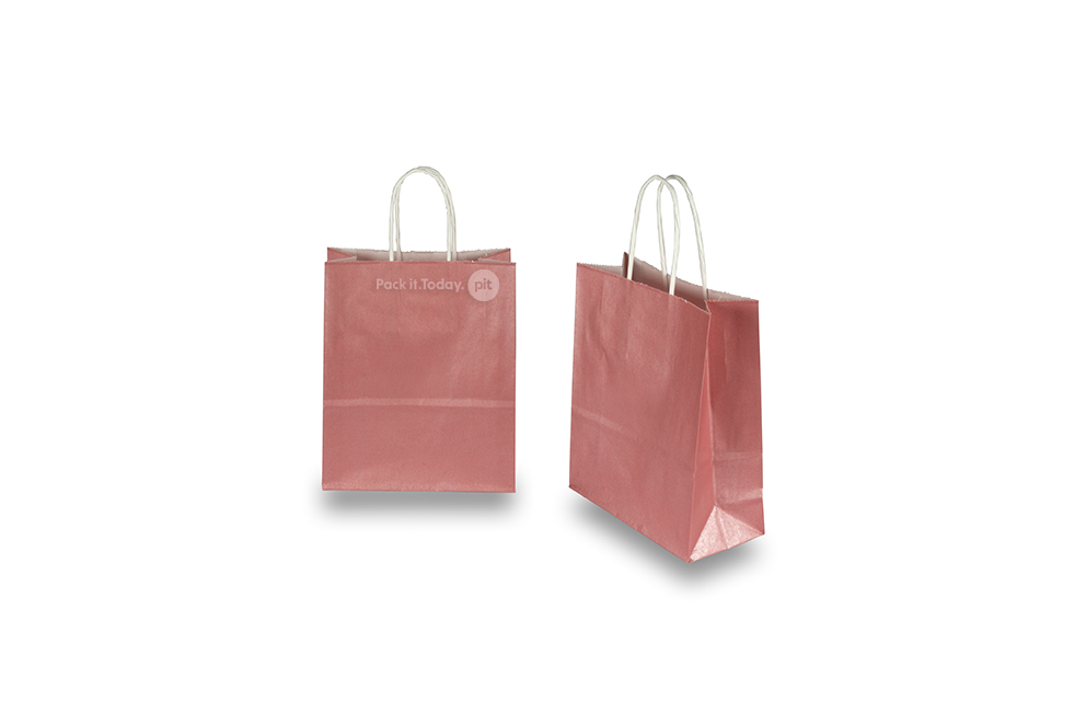 Papirsposer med hank snoet - rosa metallisk, 180 x 80 x 220 mm, 90 g