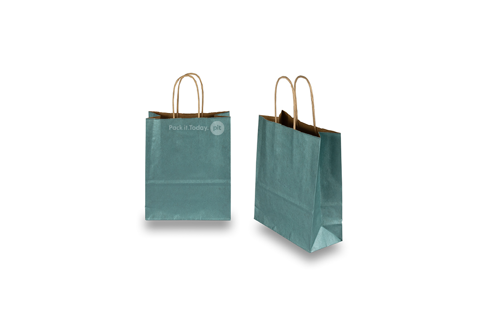 Papirsposer med hank snoet - petrolfarvet metallisk, 180 x 80 x 220 mm, 90 g